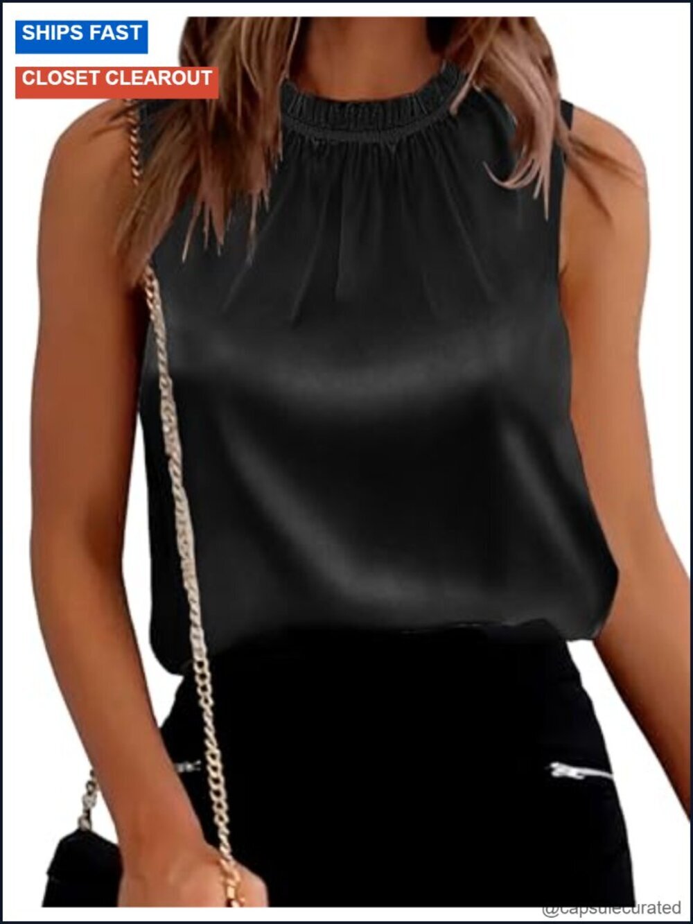 Ruffle Mock Neck Satin Tank Top Sleeveless Silk Blouses Silky Camisole Office